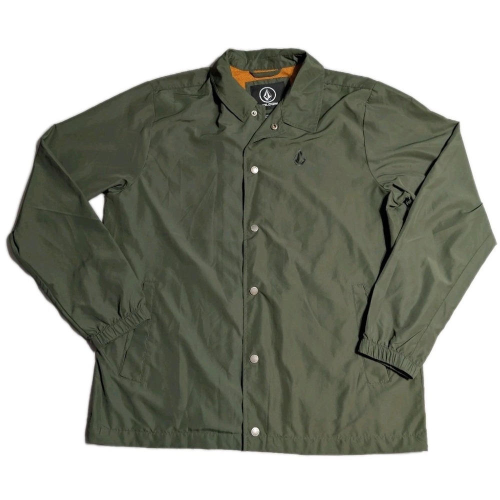 Volcom Coach Jacket Mens L Olive Green Snap Front Windbreaker Mesh Lined